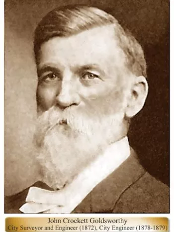 Portrait with text John Crockett Goldsworthy City Surveyor & Engineer(1872) City Engineer(1878-1879)