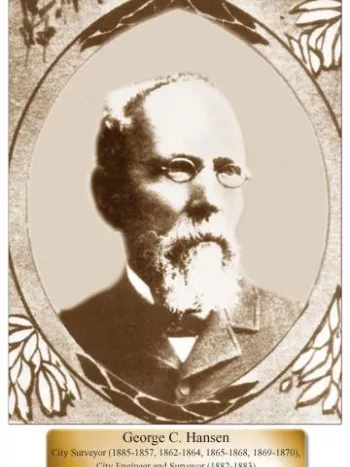 Portrait & text George C Hansen City Surveyor(1885-1857,1862-1864,1865-1868,1869-1870)