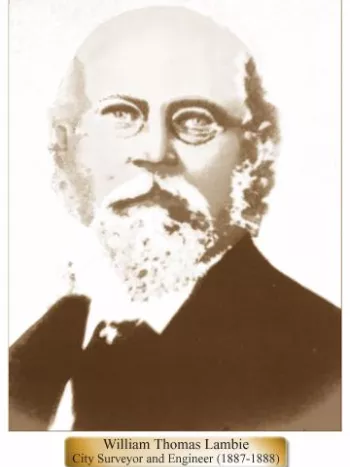 Portrait with text William Thomas Lambie City Surveyor & Engineer(1887-1888)
