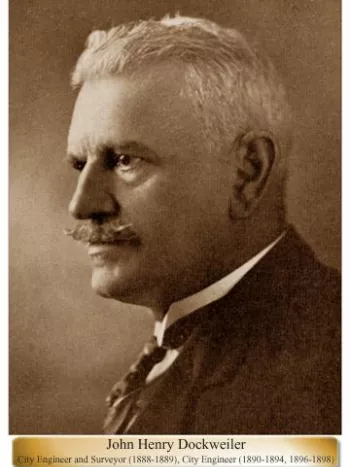 Portrait with text John Henry Dockweiler City Engineer & Surveyor (1888-1889), City Engineer (1890-1894, 1896-1898)